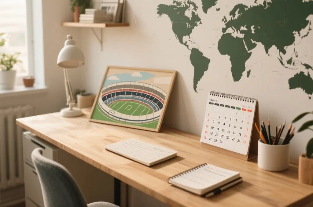 Sports travel planning desk with a calendar and generic stadium illustration