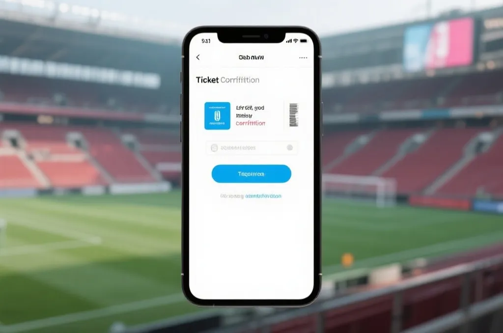 Unbranded smartphone displaying a digital ticket confirmation screen with stadium background
